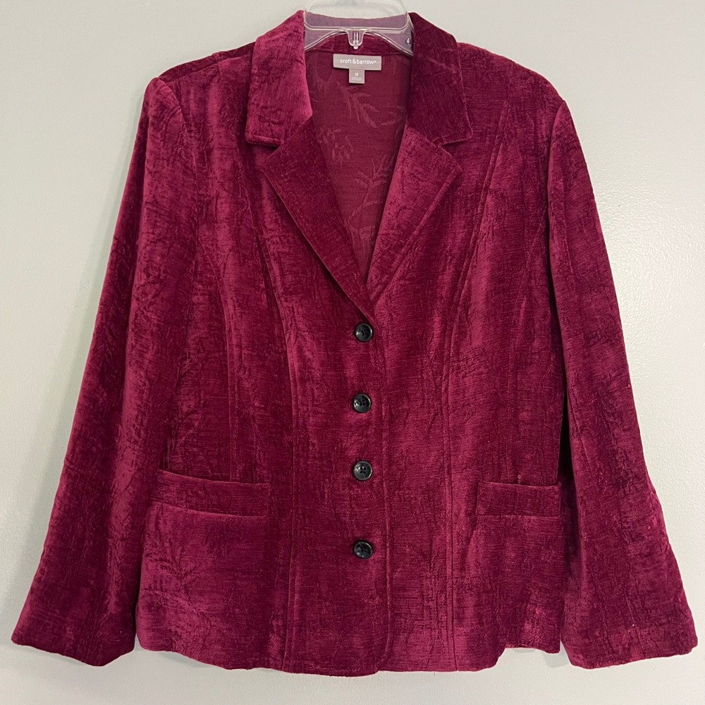 Croft & Barrow Burgundy Floral Jacquard Velvet Blazer Jacket Sz 12 dark academia
